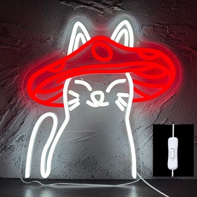 Mushroom Cat Pet House LED Neon Light Sign Red Hat Bar Wall Art Decor