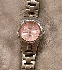 Relic Women's Silver Metal Wristwatch Pink Dial Date Indicator Seconds Hand