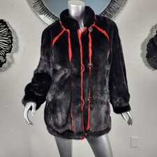 DAVID GREEN M/L REVERSIBLE VINTAGE GENUINE RED LEATHER REAL BLACK MINK FUR COAT