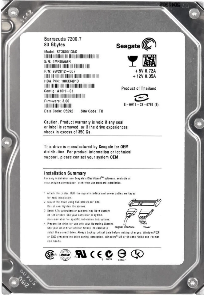 Hard Drive Seagate barracuda 7200.7 ST380013AS 80GB 7200U/Min 8MB SATA 3.5'' - Image 3 of 3