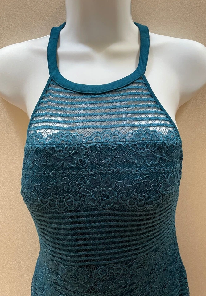 Guess Lace Sheath Dress  Women 4 Small Teal Lined Padded Bra Nylon Halter - Image 4 of 4