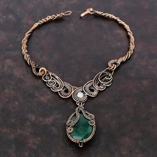 Faceted Zambian Emrald Necklace Copper Jewelry Wire Wrapped Chain Necklace 18.0"