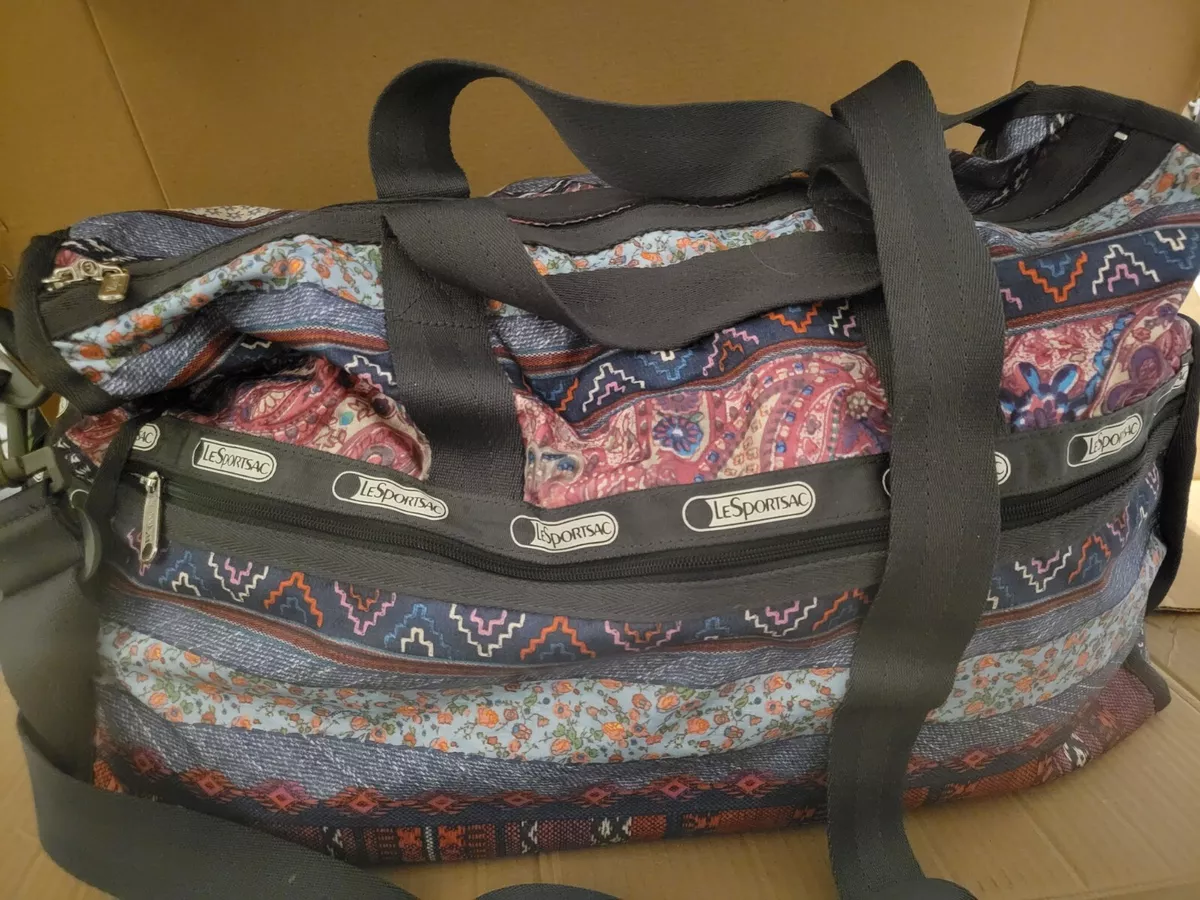Lesportsac Large Weekender Duffel Bag Free Spirit Gray Blue Red Floral Stripe