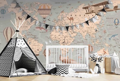 3D World Map Aircraft Apricot Self-adhesive Removeable Wallpaper Wall Mural 334