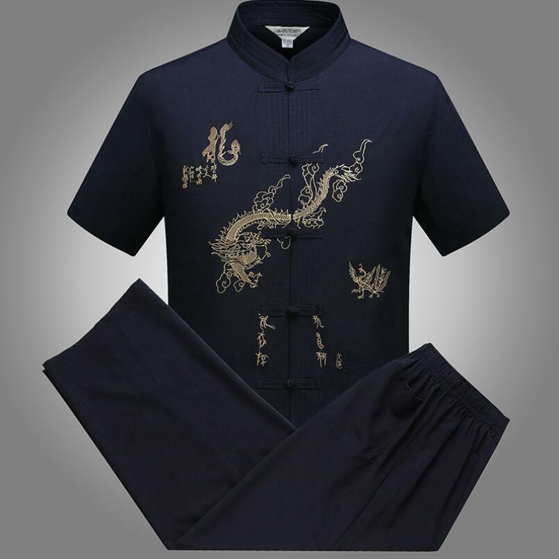 Men Traditional Chinese Tang Suit Outfit Shirt Pants Martial Arts Uniform Dragon