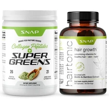 Organic Super Greens Collagen Peptides Powder + Women Hair Growth Pills Bundle
