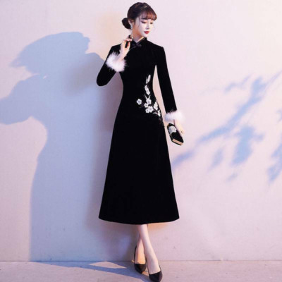 Womens Retro Embroidery Woolen Qipao Long Sleeve Cheongsam Long Dress A Line Sz