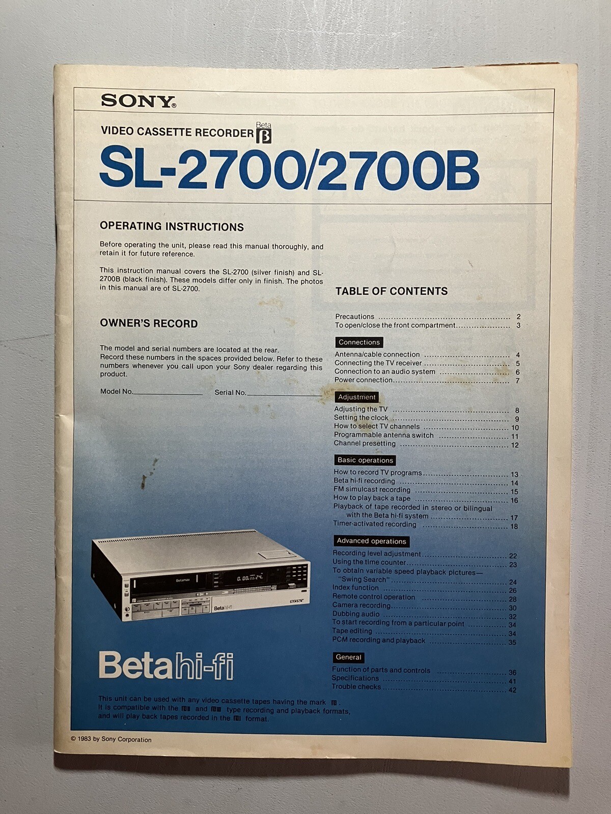 Sony Betamax Beta hi-fi 1983 SL-2700/2700B Video Cassette Recorder ...