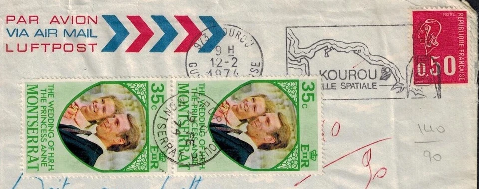 Montserrat 1974 Cover w/Princess Anne Royal Wedding Stamp Pair & Slogan Cancel - Image 2 of 2