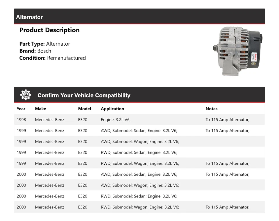 For 1998-2000 Mercedes E320 3.2L V6 Bosch Alternator (Remanufactured) 1999 - Image 2 of 4