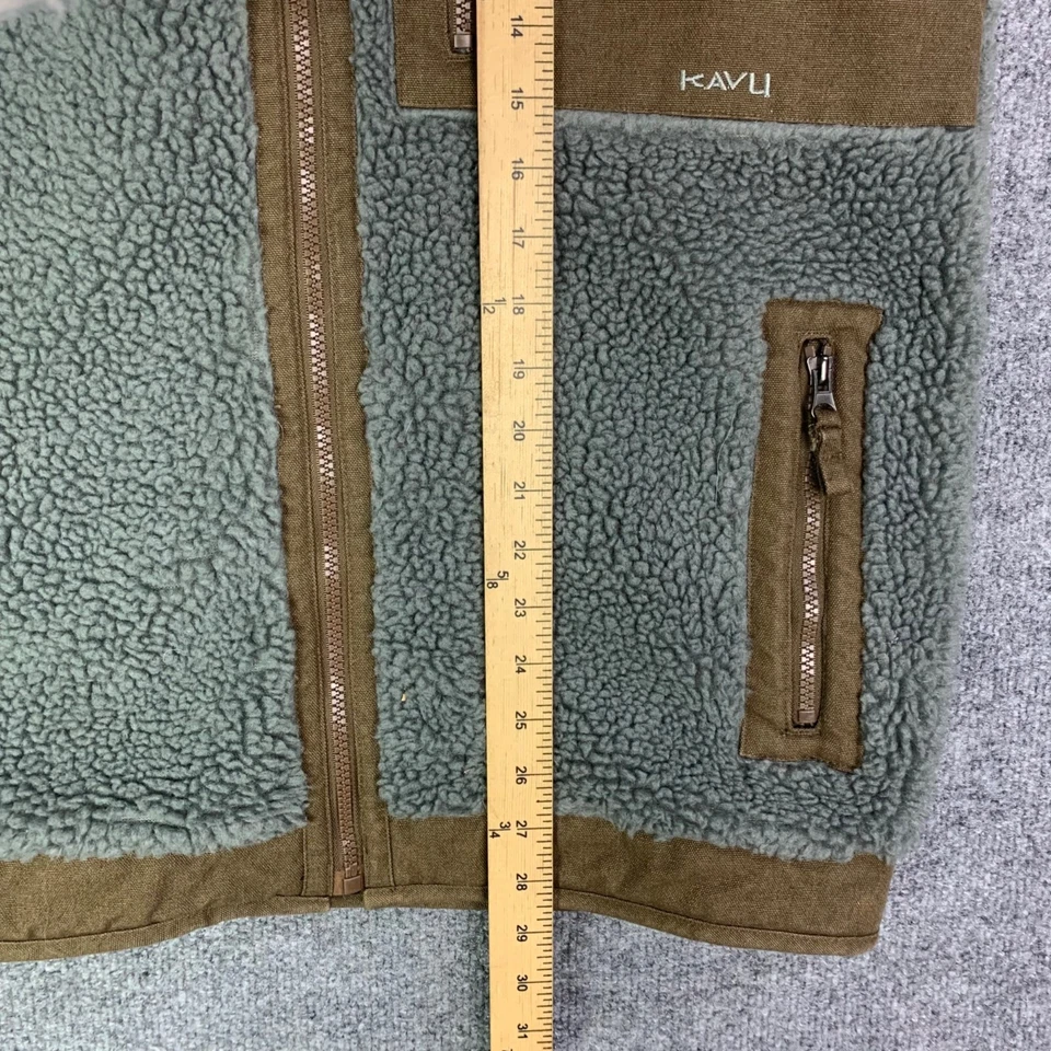Kavu Vest Mens Sz Medium Gray Brown Deep Pile Fleevce Canvas Zip Up Jacket - Image 4 of 4