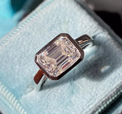 3.35Ct Emerald Cut VVS1 Moissanite Bezel Engagement Ring 14K White Gold Plated