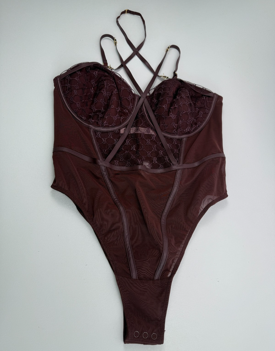 Victoria's Secret Lined Floral Lace Teddy Snap On Bodysuit Brown