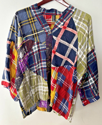 Sacred Threads Womens Oversize Button Up Shirt sz L/XL Patchwork Look Rayon EUC