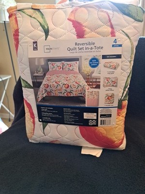 4pc KING Peaches Reversible Quilt & Shams Set with Tote Mainstays Farmhouse