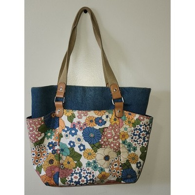Retro Floral Denim Tote Bag Boho Y2K Multicolor Flower Shoulder Purse