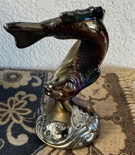 Vintage Fenton Carnival Glass Iridescent Koi Fish Amethyst Teal Figurine 5”