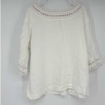 J Jill White 100% Linen Crochet Trim Boat Neck 3/4 Sleeve Blouse Top Coastal