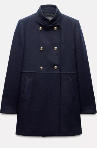 ZARA NEW WOMAN DOUBLE-BREASTED HIGH NECK COAT Navy Blue Ref 9037/141 size XS - Picture 2 of 7