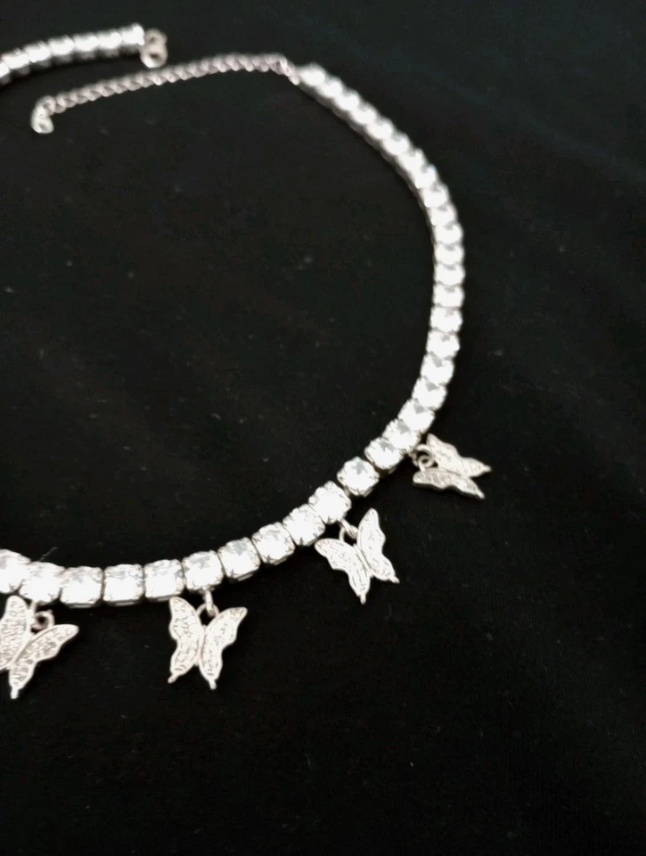 Silver Tone Butterfly  Charm Rhinestone  Necklace  Adjustable  13 to 15 in - Image 3 of 4