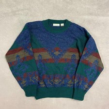 Vintage Abstract Knitted Jumper Patterned Grandad Knit Sweater Men's L