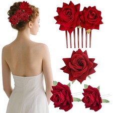 4 PCS Red Rose Hair Accessories Mexican Flower Clips For Women Floral Acc