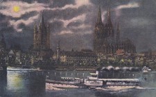 1920 AK Deutsches-Reich Köln am Rhein Panorama Stadtbild Dampfschiff bei Nacht !