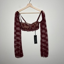 White Fox Top Womens Small Burgundy Lace Long Sleeve Mesh Crop Corset Bustier