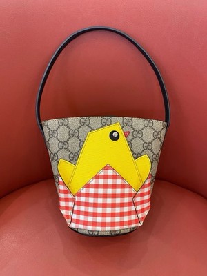 Authentic Gucci Kids GG Canvas Mini Bucket Bag, Hatching Chick Appliqué Handbag