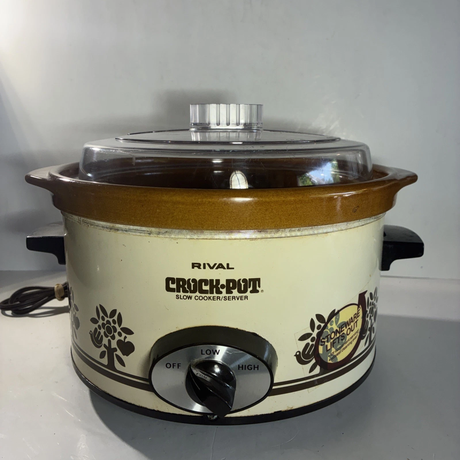 Vtg Rival Crock-Pot Slow Cooker 4 Quart Brown Cream Floral Bird Retro Kitchen