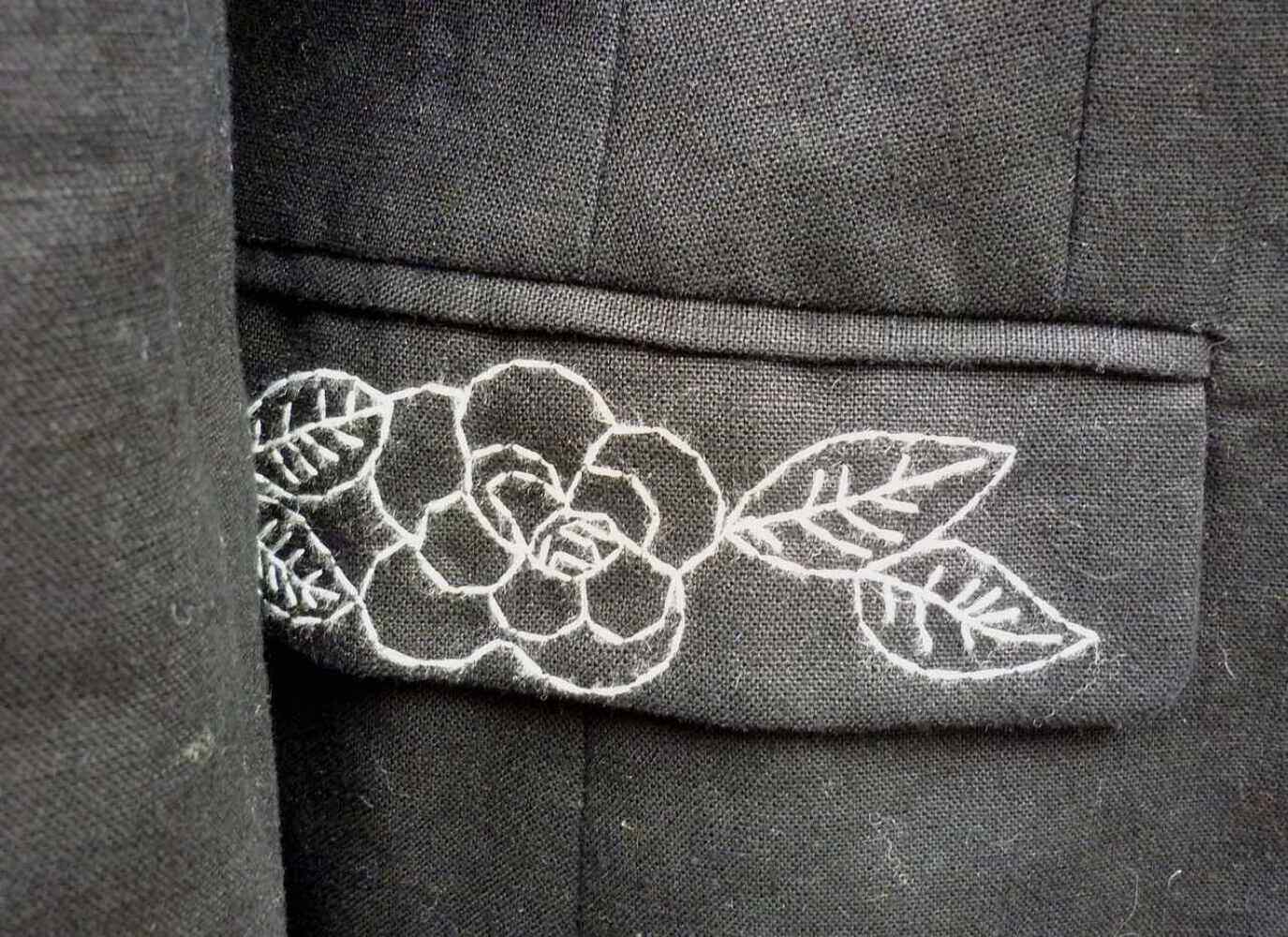 Black Linen Shawl Collar Embroidered Jacket LAURA ASH… Gem