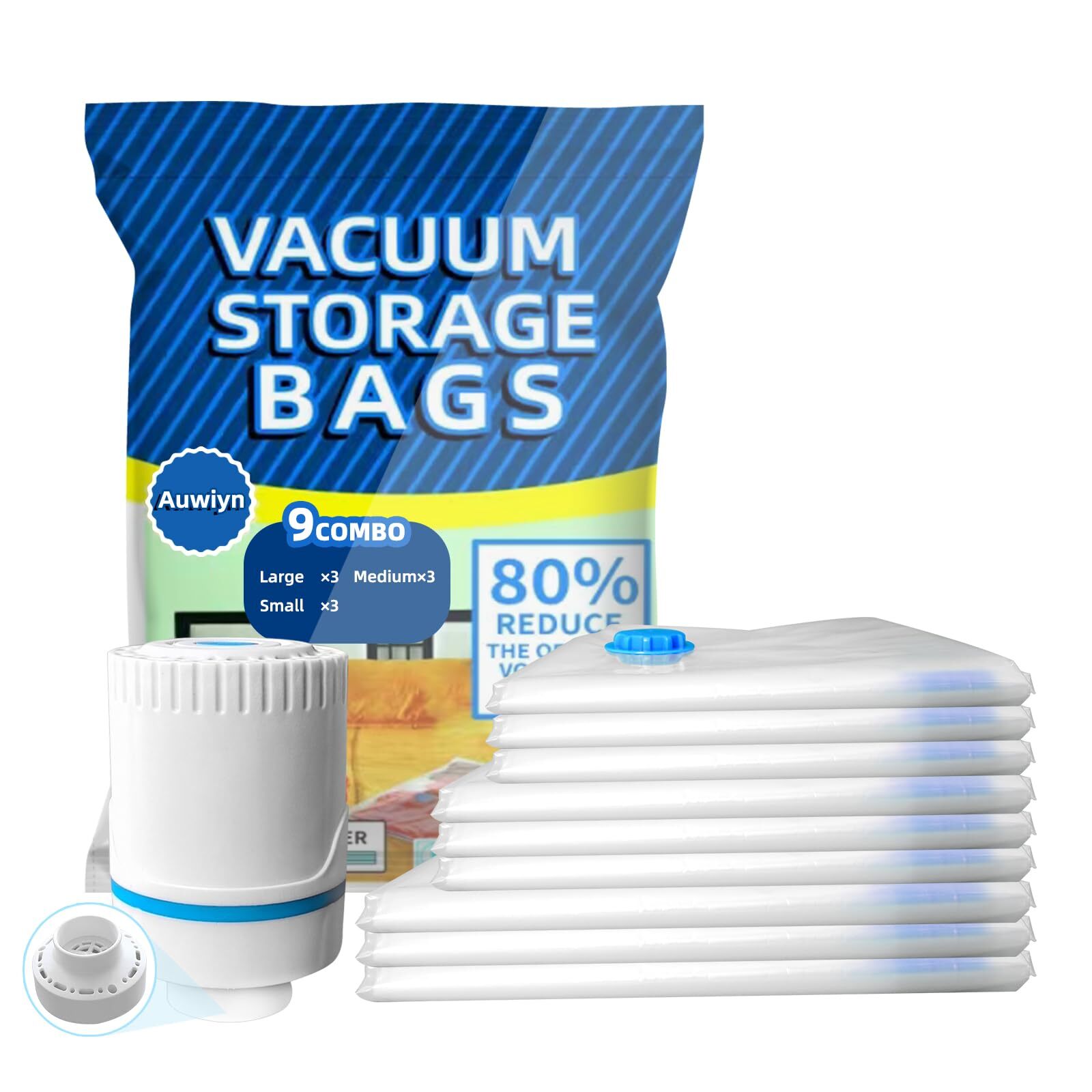 Vacuum Storage Bags with Pump,9 Pack (3Large/3 Medium/3 Small), Space Saver B...