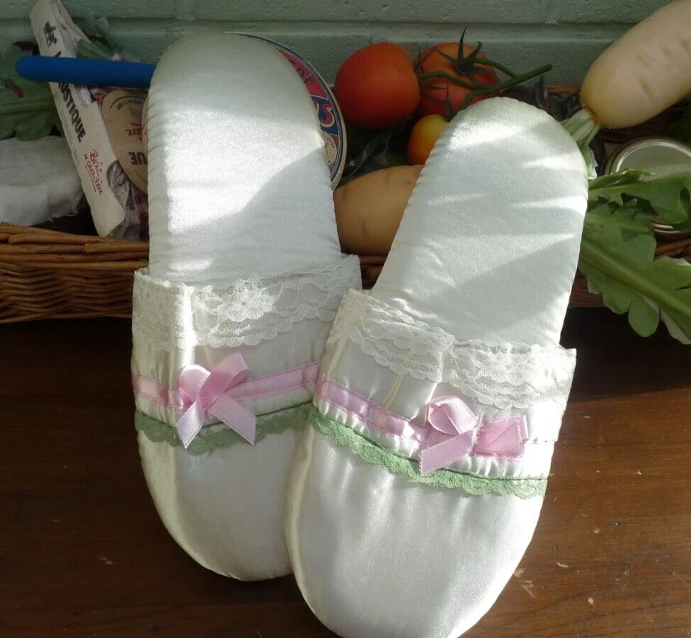 Pale Green Silky Satin Mule Slippers with pink trim. Wide Large
