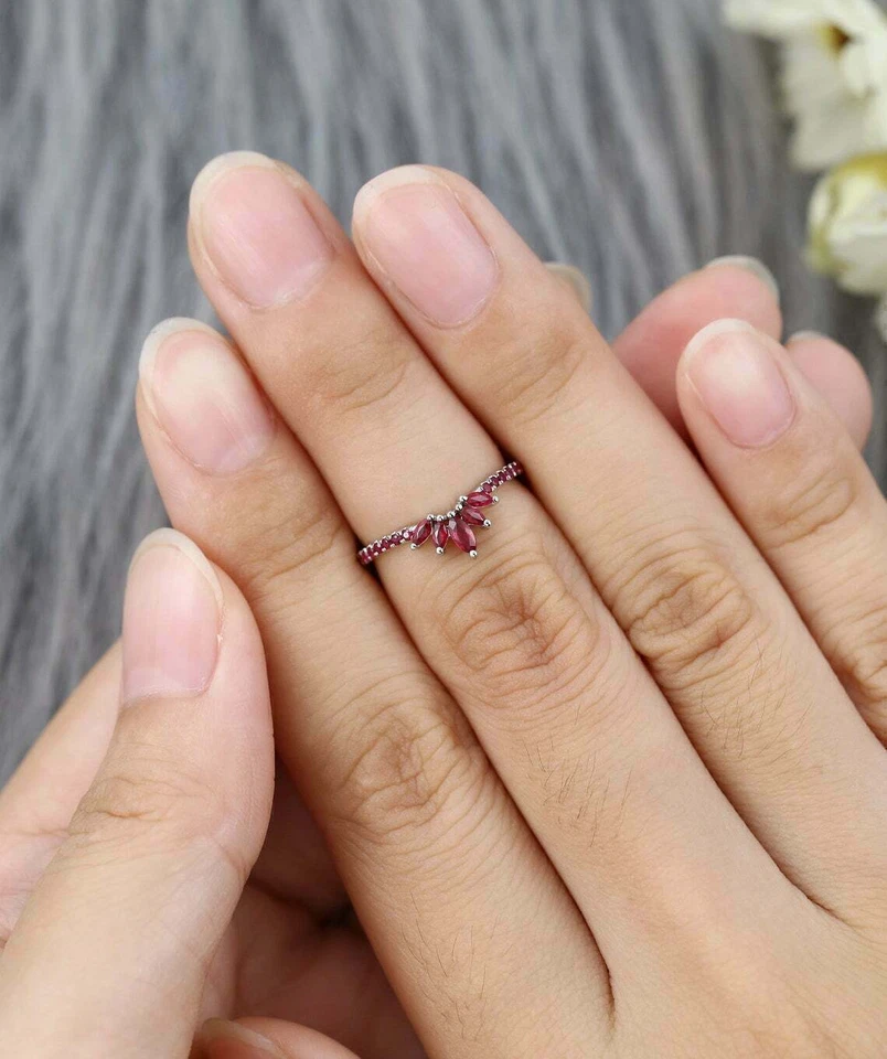 2Ct Marquise Cut Red Ruby Women's Engagement Band Ring 14K White Gold Finish - Image 4 of 4