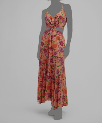 Verandah Floral Twisted Cutout Maxi Dress, Light/Pastel Oran, Women's, XS, Casual & Work Dresses Maxi Dresses