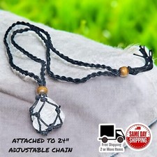 24" Braided Black Cord Adjustabl Necklace w/ Clear Quartz Crystal Natural Stone