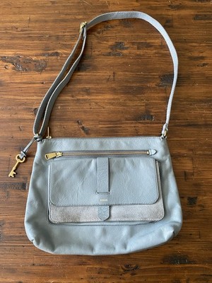 Fossil Kinley Large Crossbody Shoulder Bag Smokey Blue Purse Leather Adjustable.