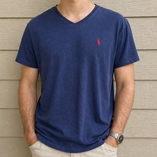 Polo Ralph Lauren V-Neck T-Shirt Cotton Navy Blue Red Pony Size Large Preppy