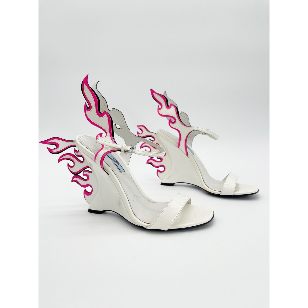 Prada Flame Wedge Sandals White Patent Neon Pink 2018 Reissue