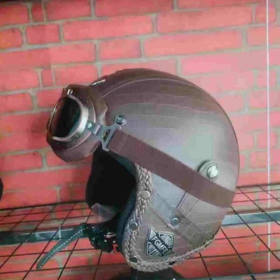 DOT Open Face 3/4 Motorcycle Helmet Deluxe Leather Scooter Helmet with Googles
