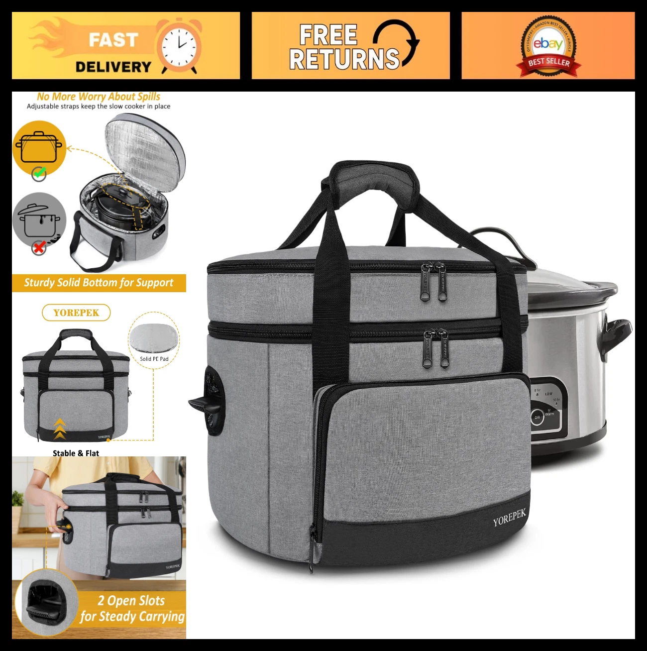Insulated 2-Layer Slow Cooker Carrier Bag for 6-8 Quart Pots, Travel Friendly, P