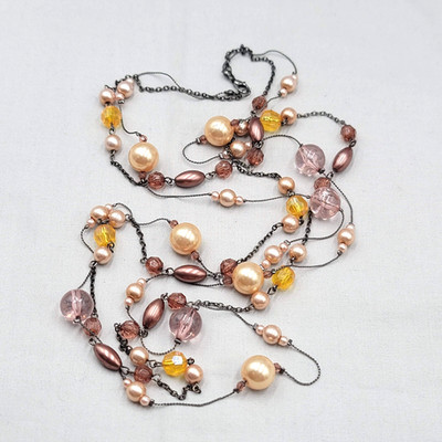 Multicolor Bead Double Chain Long Necklace Black Metal 40''