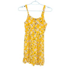 Zunie Yellow Daisy Print Dress Button Front Sleeveless Ruffle Hem M 10/12