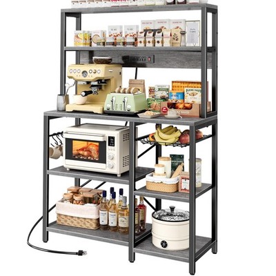 Bakers Rack with Power Outlet, 35.4 Inches Coffee Bar with Wire Basket, Kitch...