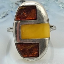 Vintage Poland Baltic Egg Yolk Butterscotch Cognac Amber Sterling Ring Size 6
