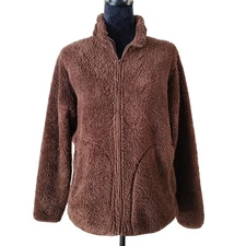 Cozy Teddy Bear Sherpa Fleece Jacket Womens Large Full Zip Cottagecore Coat 