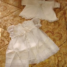 Vtg wht infant Christening dress open front att slip 4"hem jacket w/lace organza
