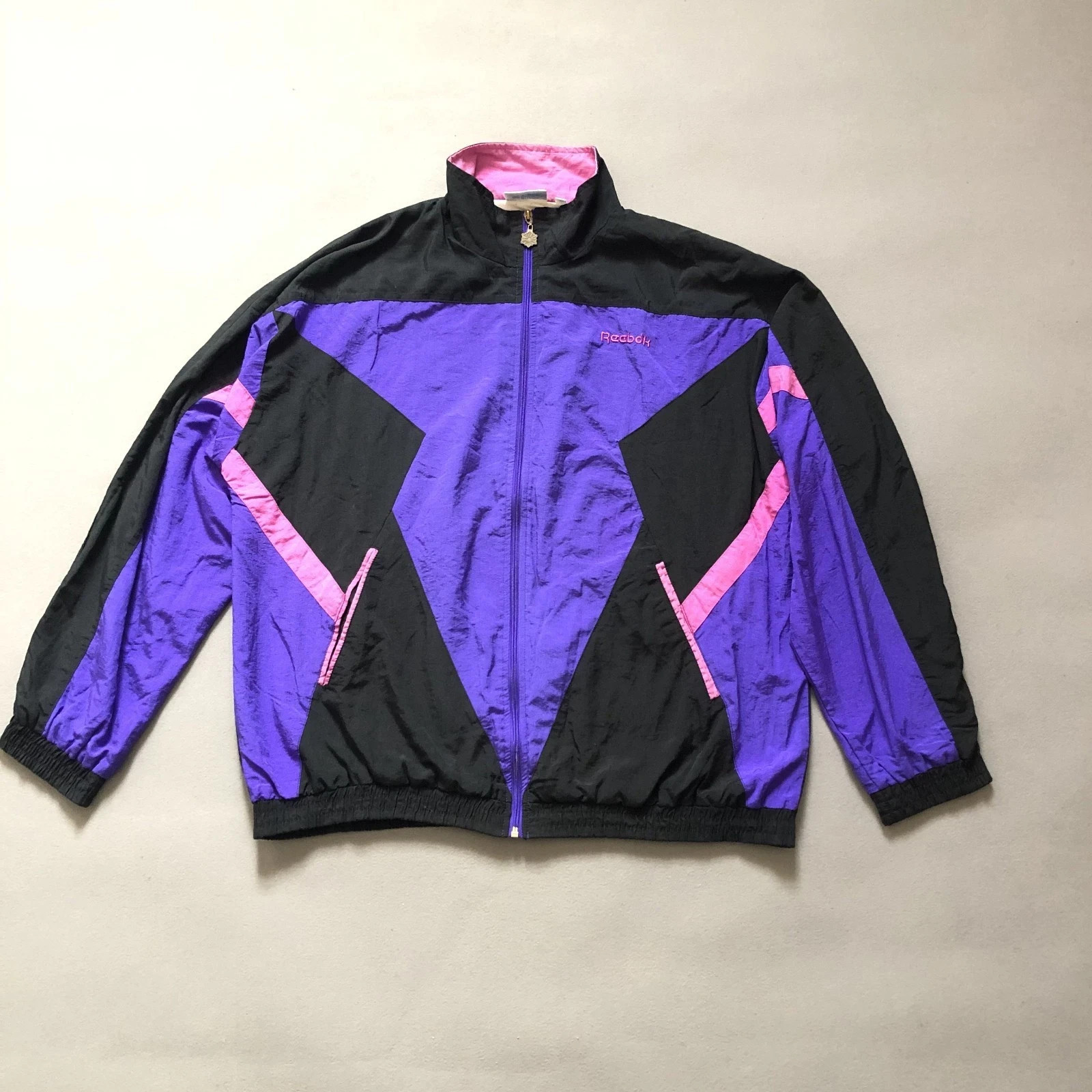 Vintage Reebok 90s Windbreaker Jacket XL Purple Black Pink , YKK Metal Zip