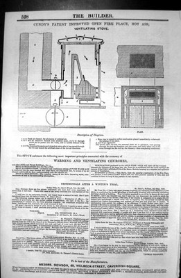 Antiker alter Druck Cundy Patent verbessert offener Kamin Heißluft 1846 Baumeister