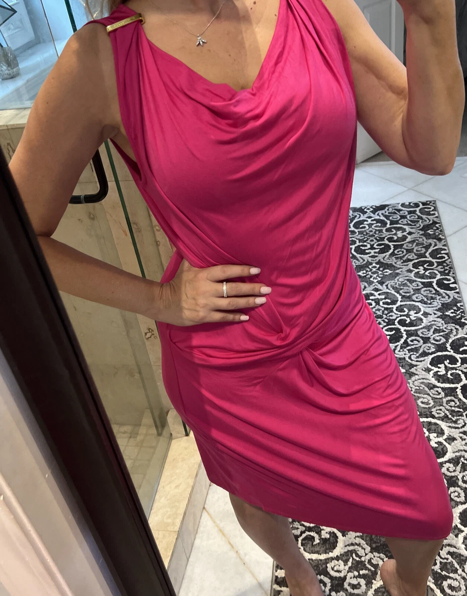 Michael Michael Kors Hot Pink Shirt Dress L Large Grecian Twist Logo Front Soft